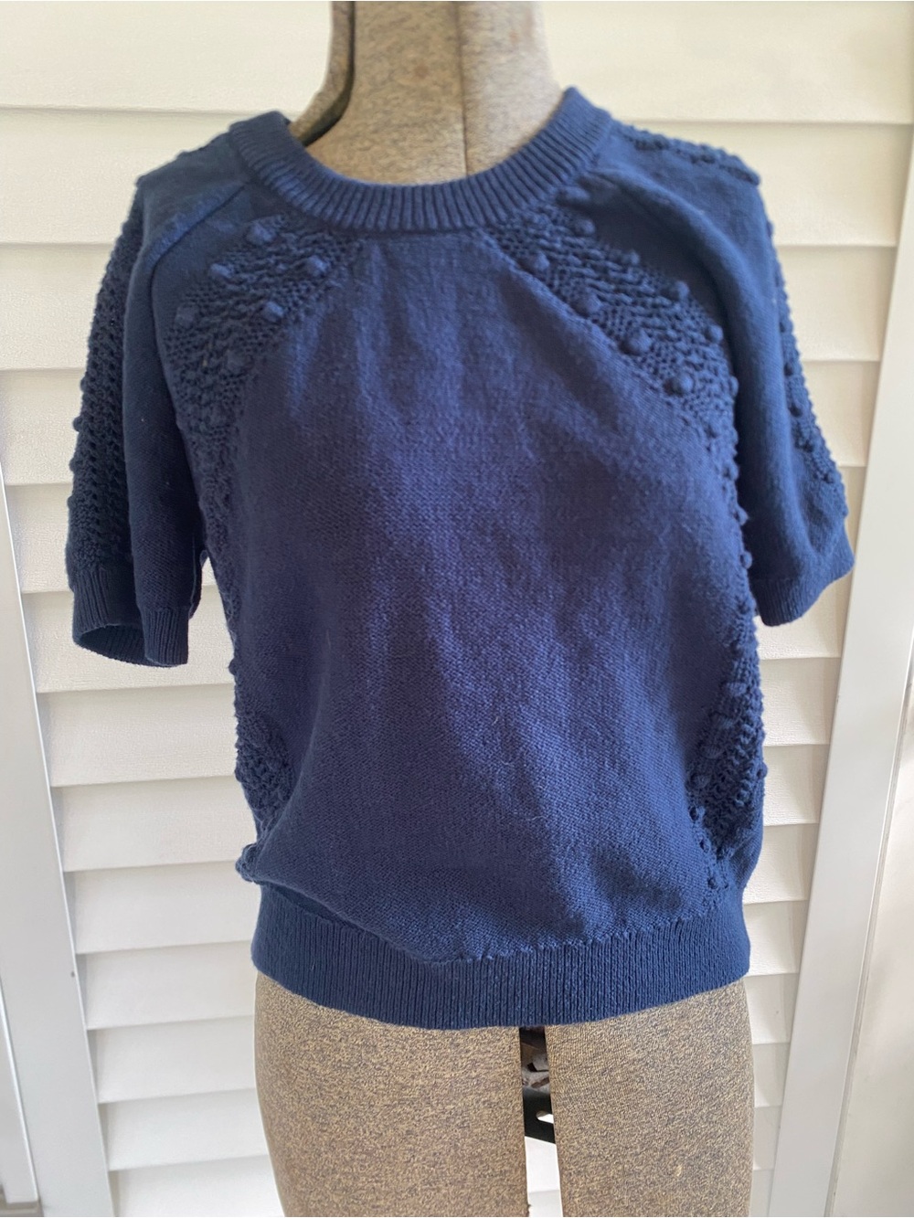 LOFT Navy Short-Sleeve Crewneck Sweater with Textured Stitching